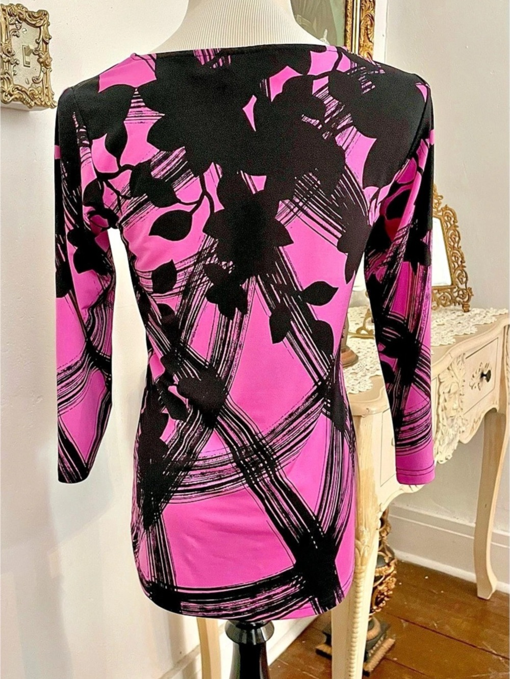 Bob Mackie Wearable Art Pink Black Abstract Floral Brushstroke Top XXS - Picture 3 of 9